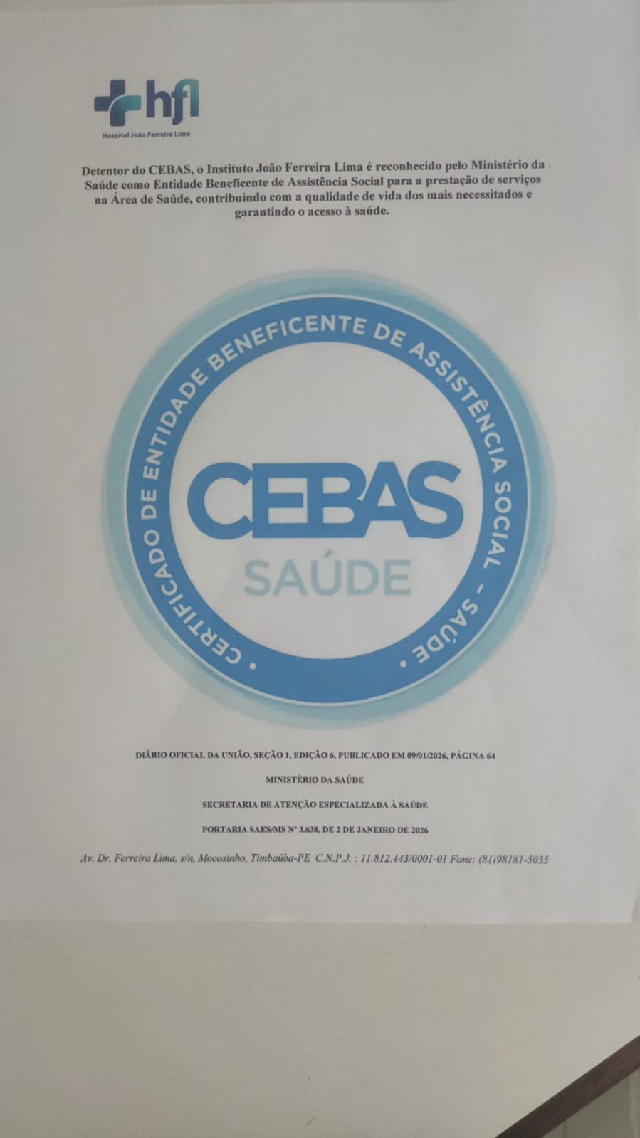 Vista vertical do Hospital Ferreira Lima